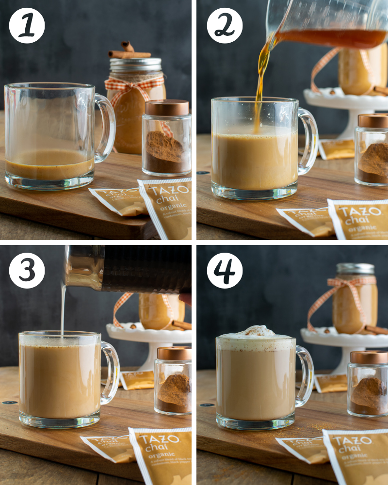 Four steps to make chai latte with pumpkin spice sauce, chai, frothed milk and pumpkin pie spice