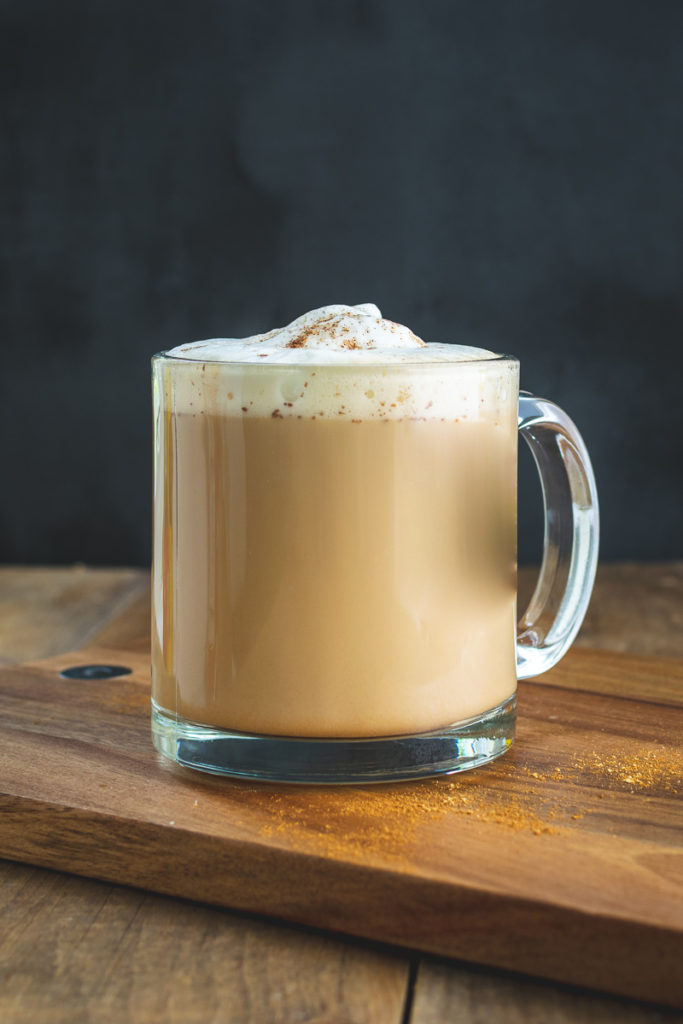 homemade pumpkin spice chai latte in glass cup