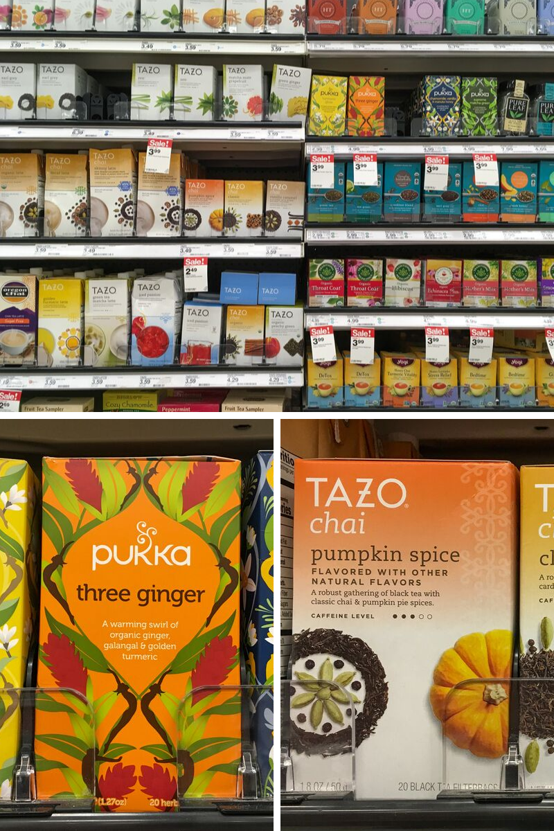 boxes of tea on shelves at target