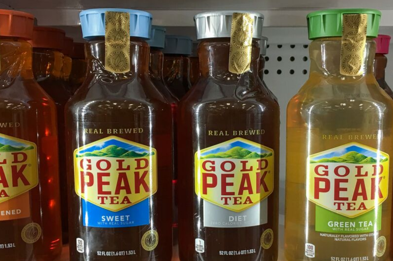 bottles of gold peak brewed tea in target refrigerator