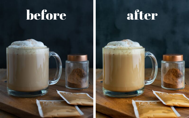 before and after pictures using lightroom of a latte