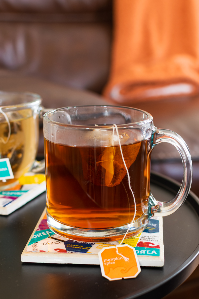 cup of tea on diy tea tag tile coaster