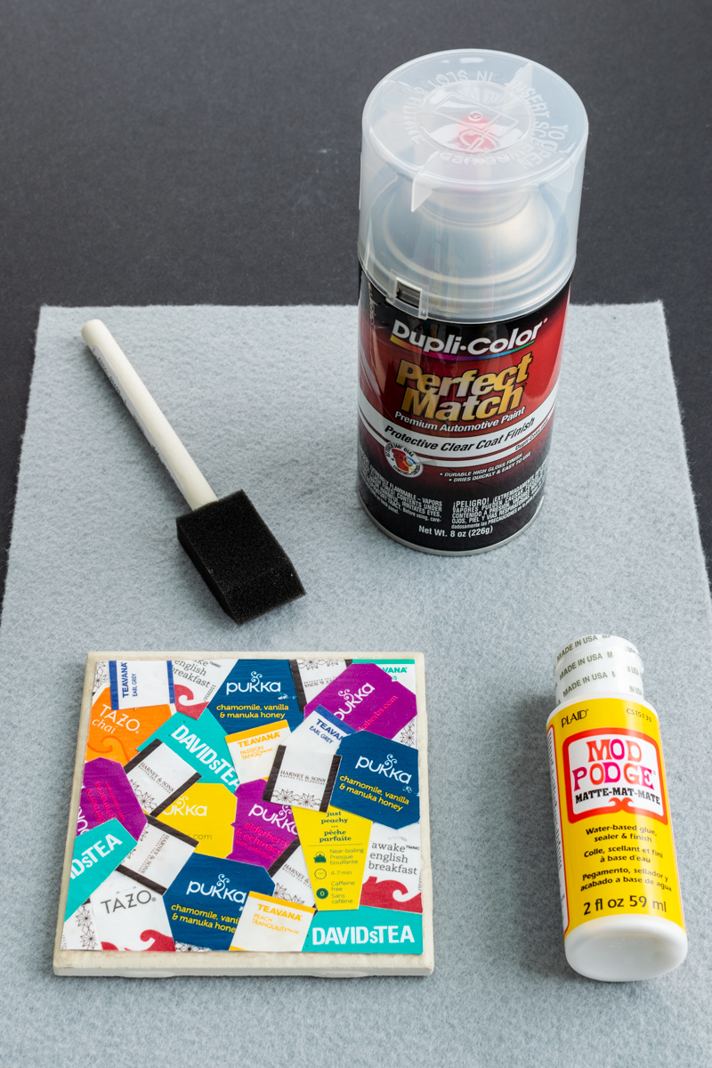 diy coaster tile with mod podge, foam brush and protective sealant