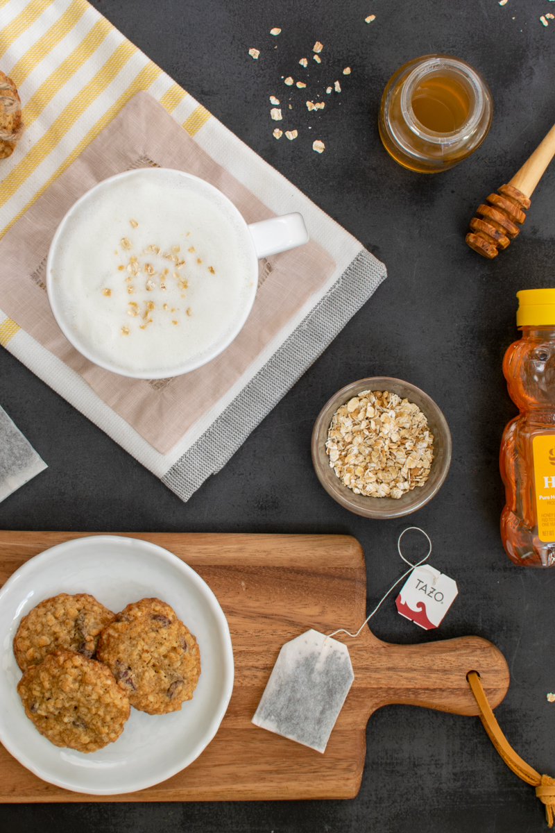 honey oat milk latte, black tea bags, honey simple syrup and oatmeal cookies