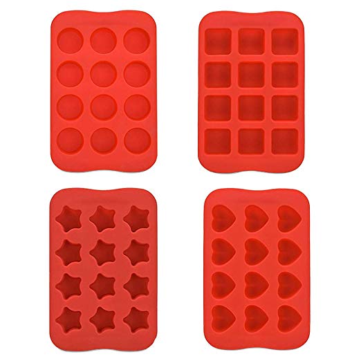 Ice Cube Trays 4 Pack, Heart Square Round Satr Shape Ice Cube,BCDshop Easy-Release Silicone Freeze Mold Pudding Jelly Chocolate Maker 12-Ice Cube (Red)