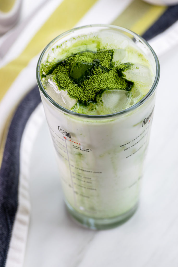 iced matcha green tea latte in a shaker
