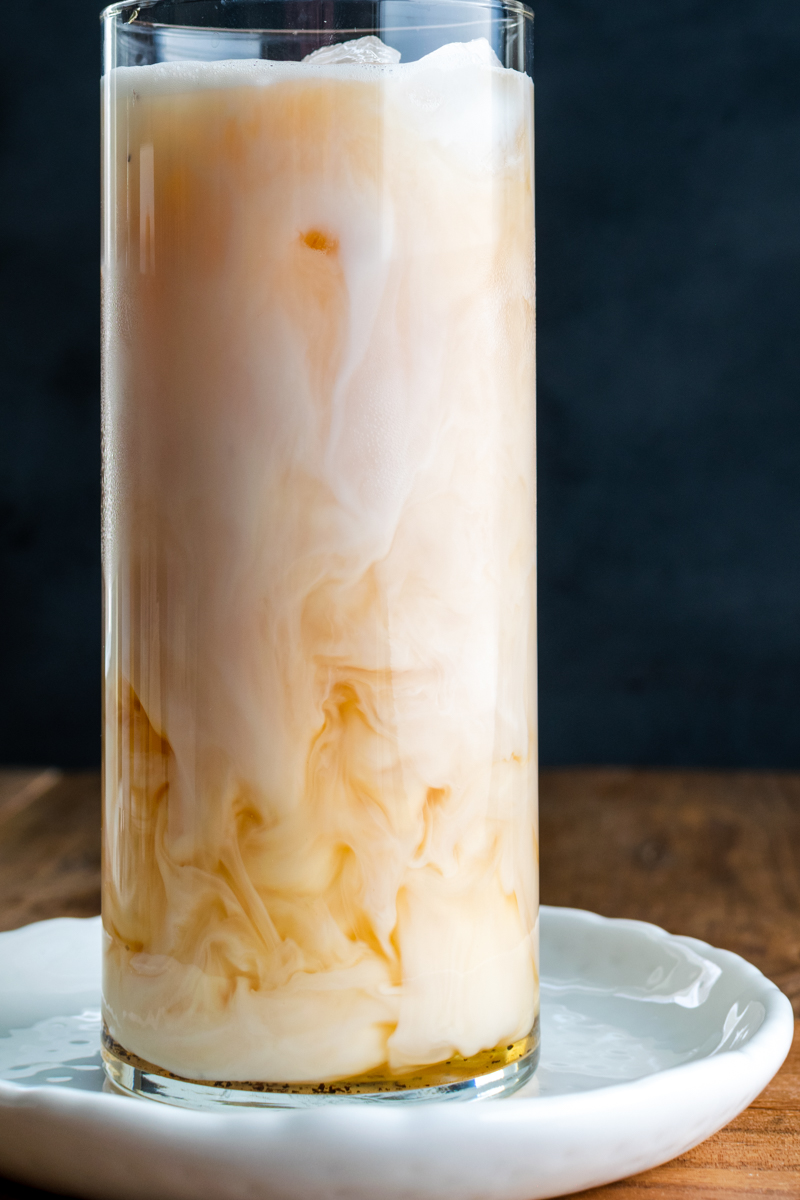 Iced English breakfast latte made with caramel and cold brew tea