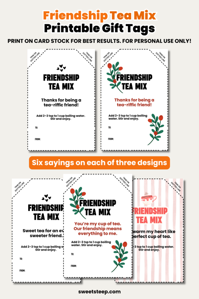 A graphic image showing examples of the friendship tea gift tags available to download.