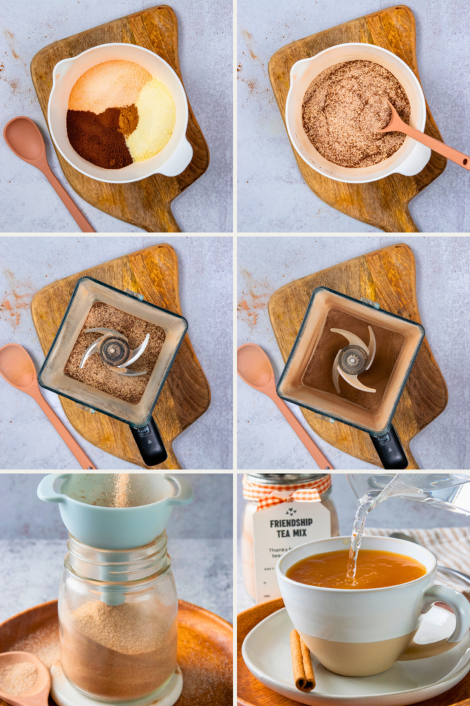 A six-grid image showing 1.friendship tea ingredients in a mixing bowl with a spoon, 2. the mix all stirred together, 3. the mix added to a blender, 4. the mix blended into a powder, 5. the tea mix being funneled into a mason jar, and 6. a cup of hot orange spiced tea being made with the mix and boiling water.