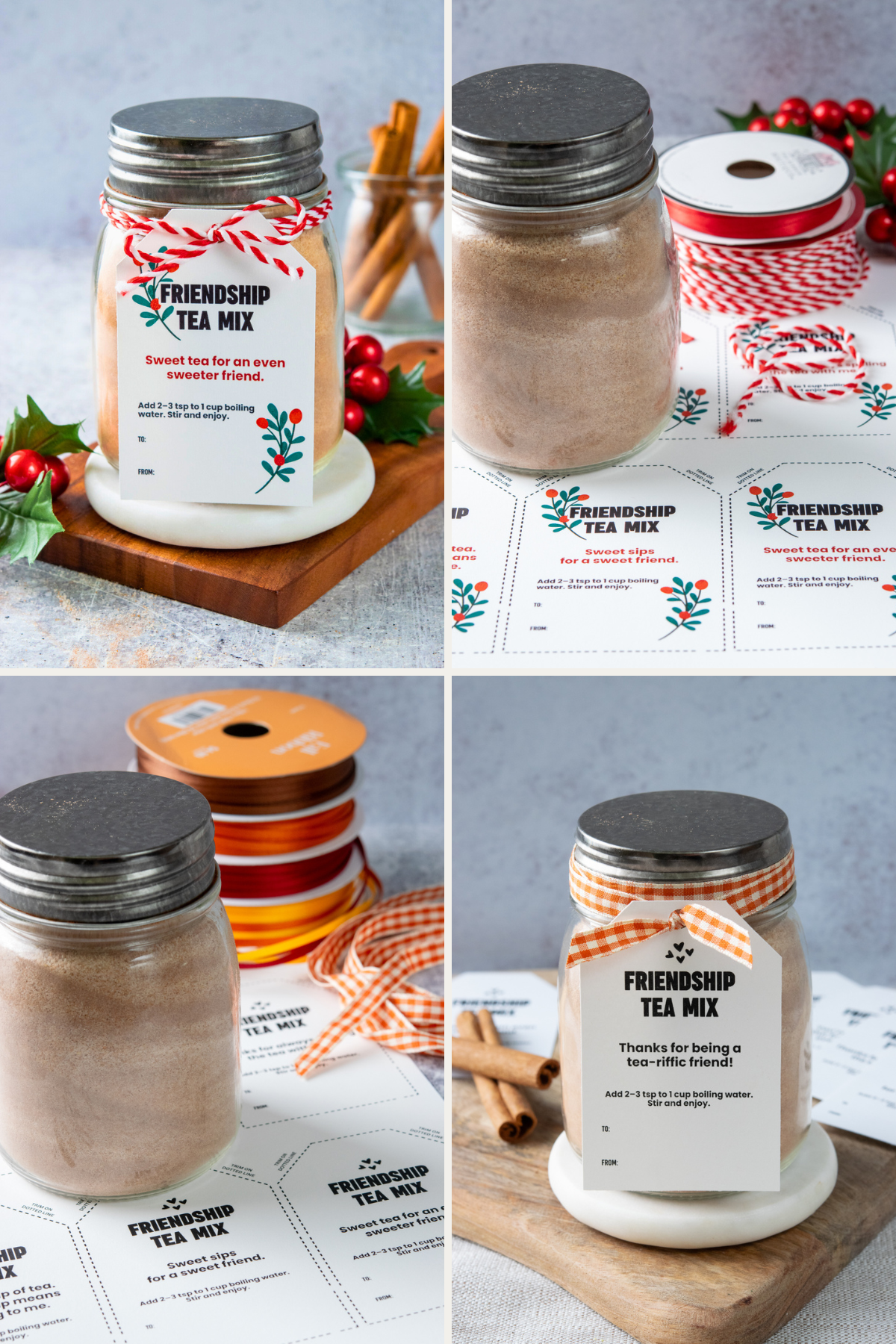 A four-grid image showing a jar of the tea mix decorated for Christmas; a jar of the mix next to spools of Christmas ribbon and gift tags; a jar of the tea mix next to fall-colored ribbon and printed gift tags; and a jar of the friendship tea decorated with orange gingham ribbon for fall and a gift tag with instructions for making a cup of tea with the mix.