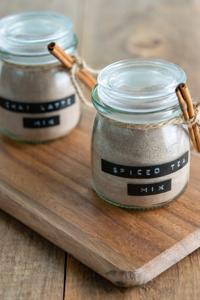 jars of spiced tea mix and chai latte powder