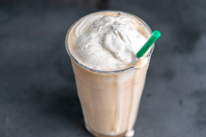 vanilla whipped cream on a pumpkin spice creme frappuccino made at home