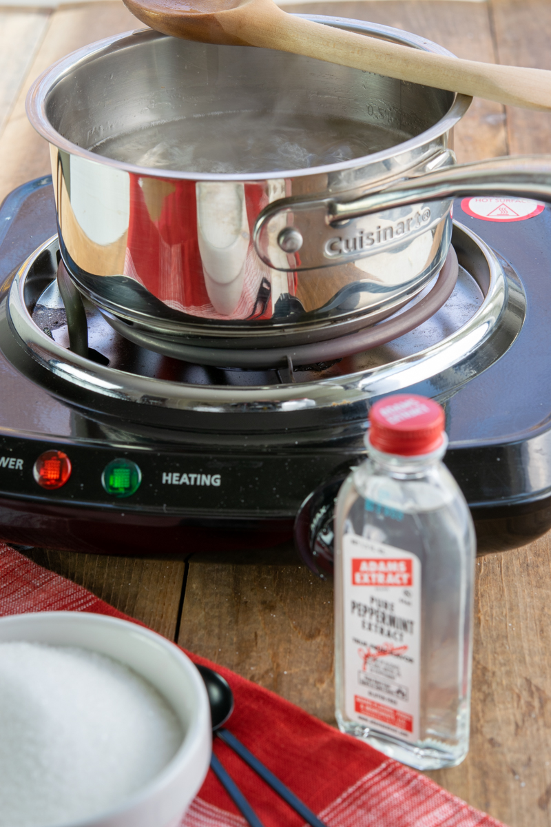 simmering peppermint syrup on the stove