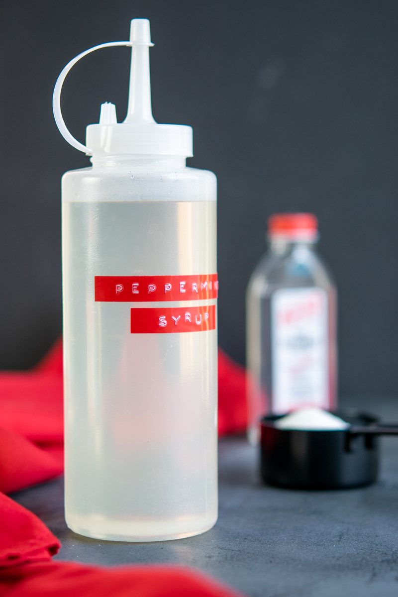 diy starbucks peppermint syrup in a plastic squeeze bottle