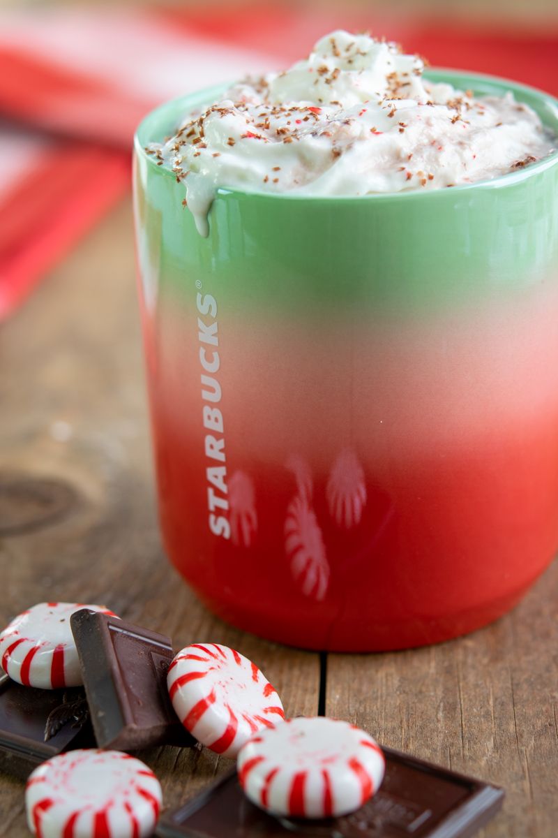 peppermint hot cocoa in a starbucks mug with whipped cream and chocolate