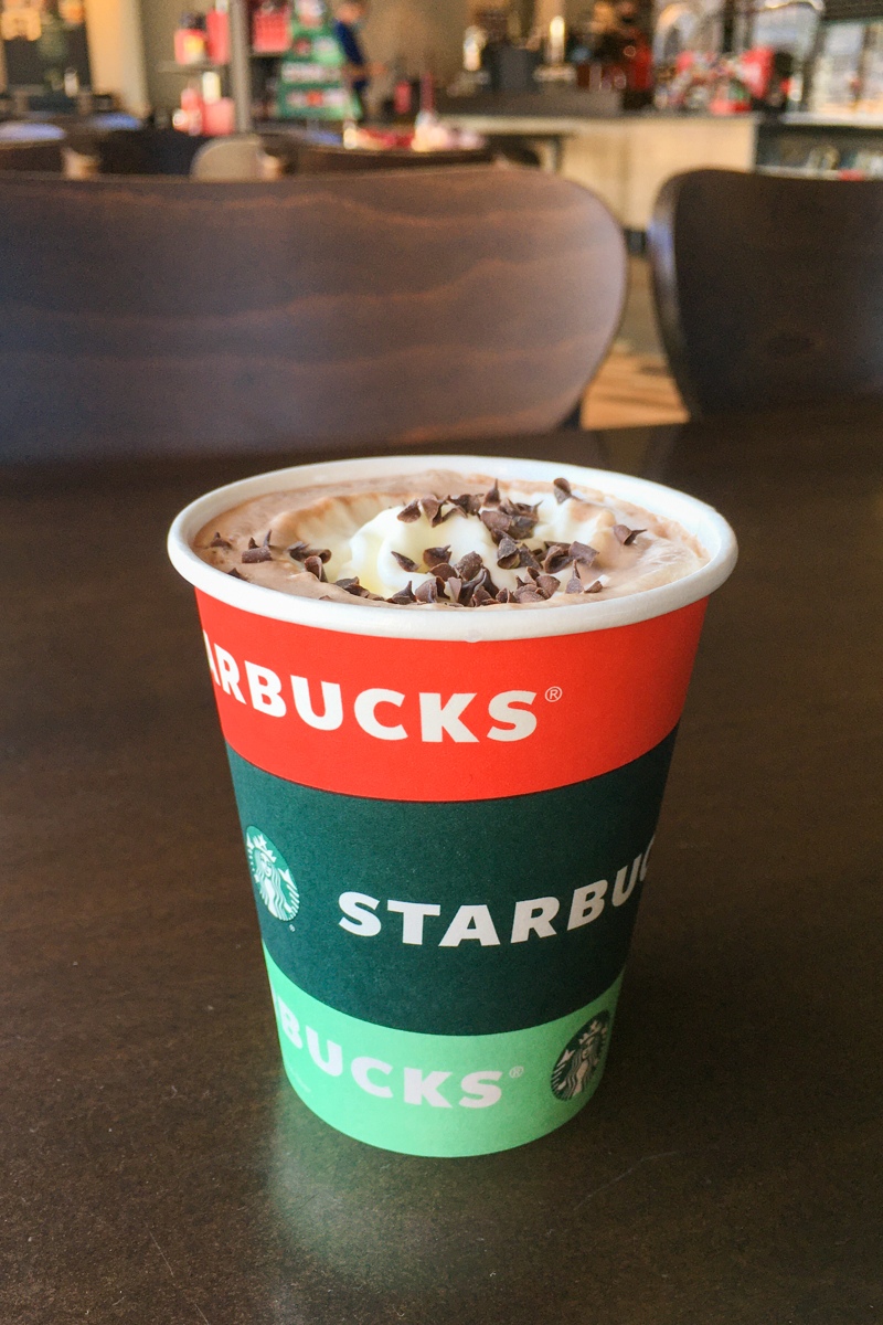 starbucks peppermint hot chocolate in a holiday cup