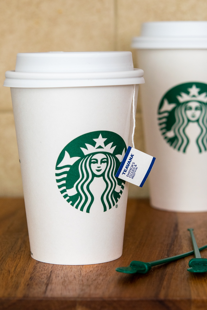 starbucks cup with emperors cloud and mist tea bag