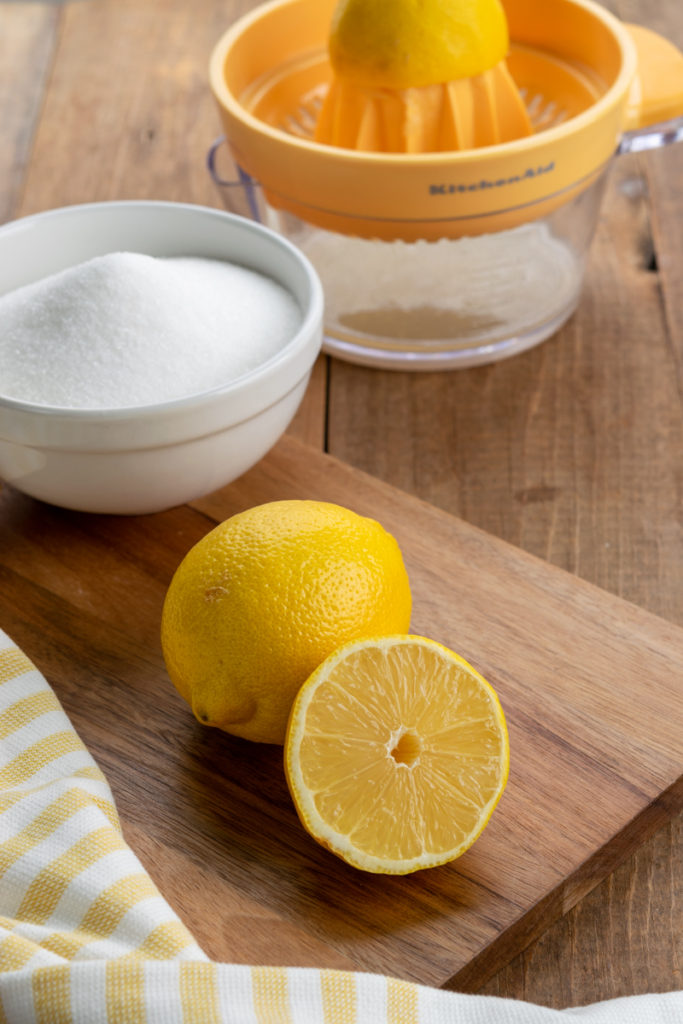 lemons, sugar and fresh squeezed lemon juice for homemade lemonade