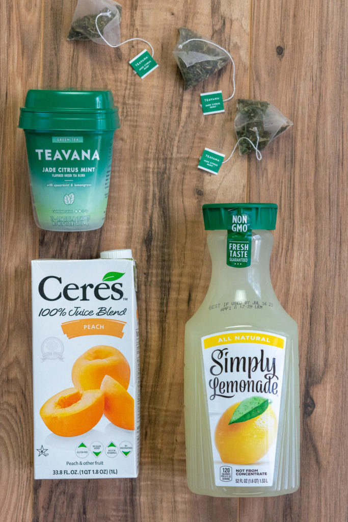 Ingredients to make Starbucks Iced Peach Green Tea Lemonade drink recipe at home.