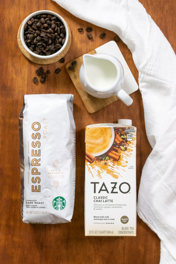 Starbucks espresso beans, Tazo chai concentrate and milk.