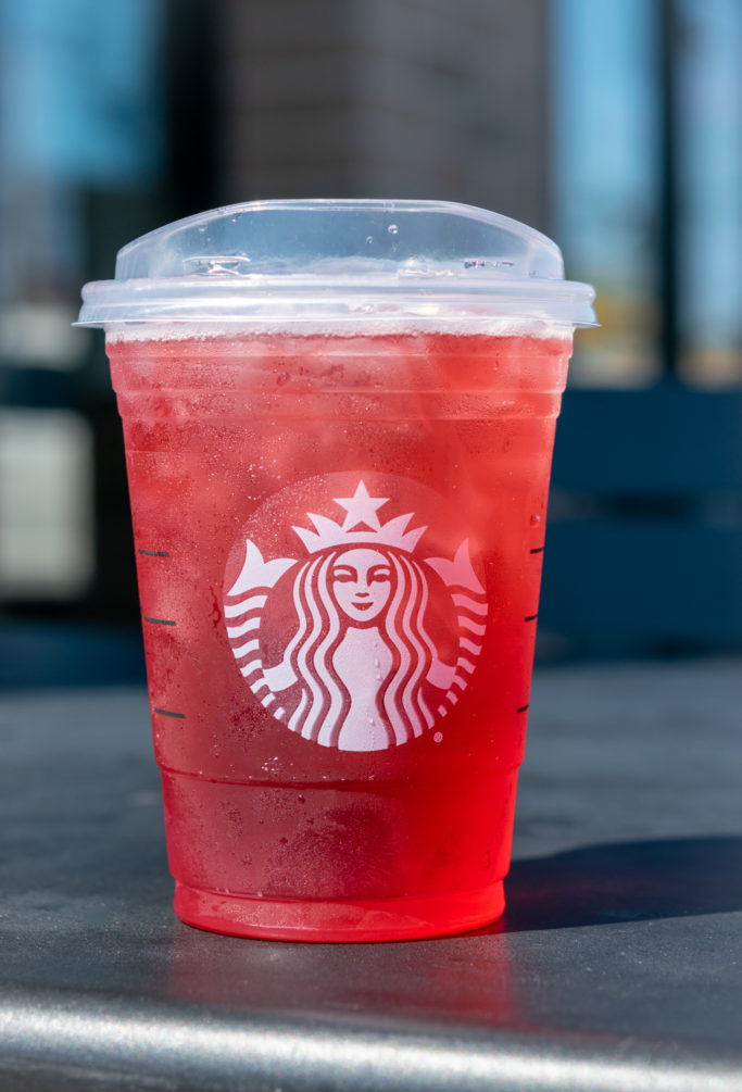 Cup of Starbucks Passion Tango tea with lots of ice.