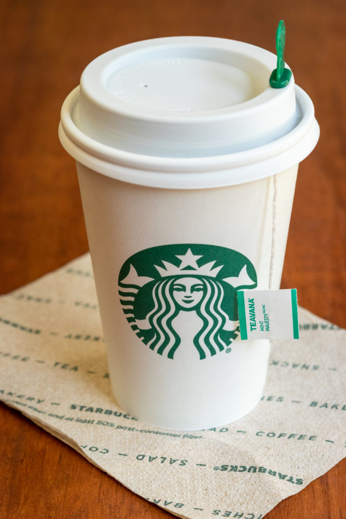 Cup of Starbucks Mint Majesty herbal tea.