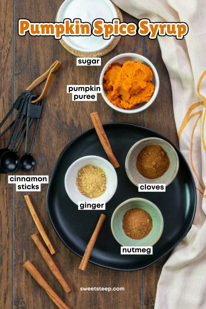 An overhead photo showing all the ingredients needed to make pumpkin spice syrup, including bowls of sugar, pumpkin puree, ginger, cloves, nutmeg and some cinnamon sticks.