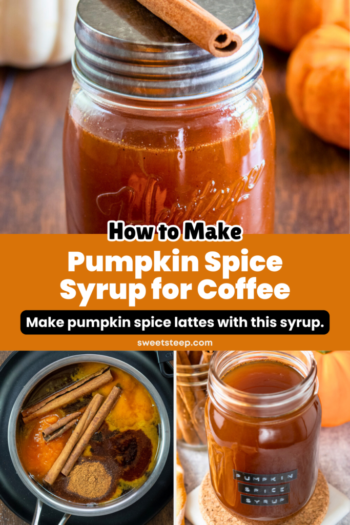 Three-photo image showing homemade pumpkin spice syrup in a jar, the syrup being made in a saucepan, and a bottle of the finished pumpkin syrup in a bottle that's labeled.