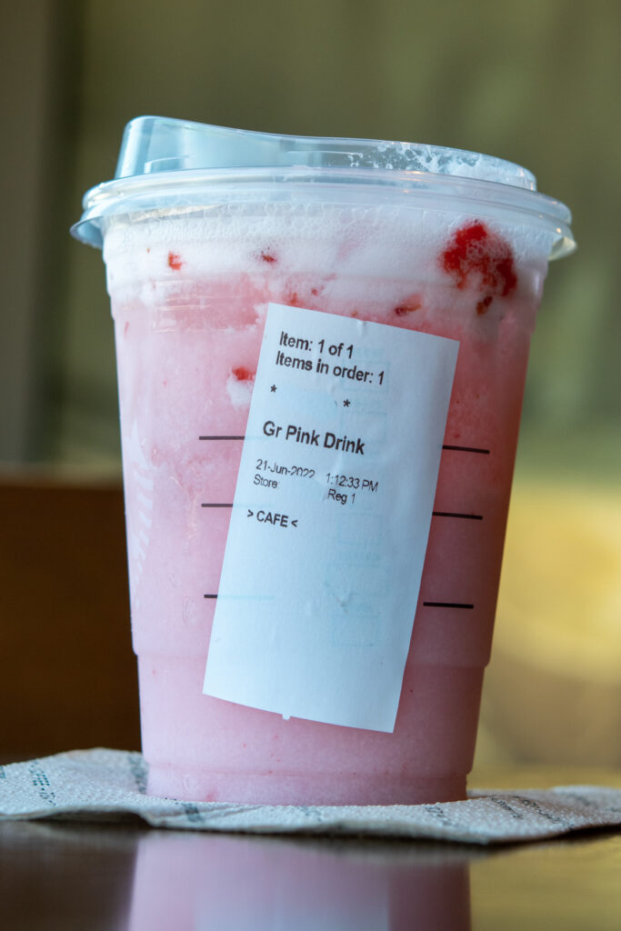 Starbucks Pink Drink ingredients include real strawberries and coconutmilk.