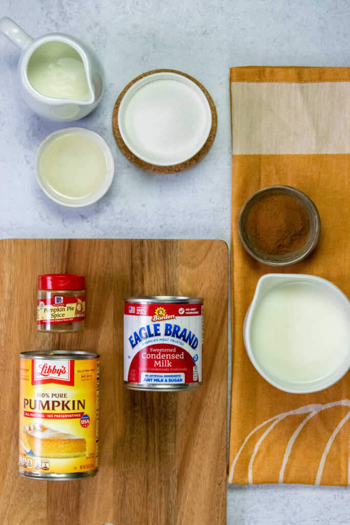 Recipe ingredients for a pumpkin spice creme steamer, including milk, cream, pumpkin puree and spices.