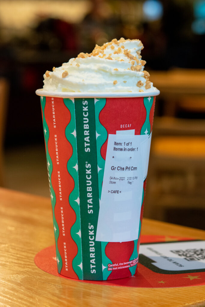 Starbucks chestnut praline creme with order sticker on side of cup.