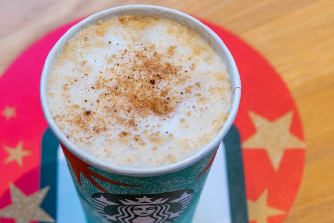 Starbucks chestnut praline chai tea latte with steamed milk and a topping of spiced praline crumbs.
