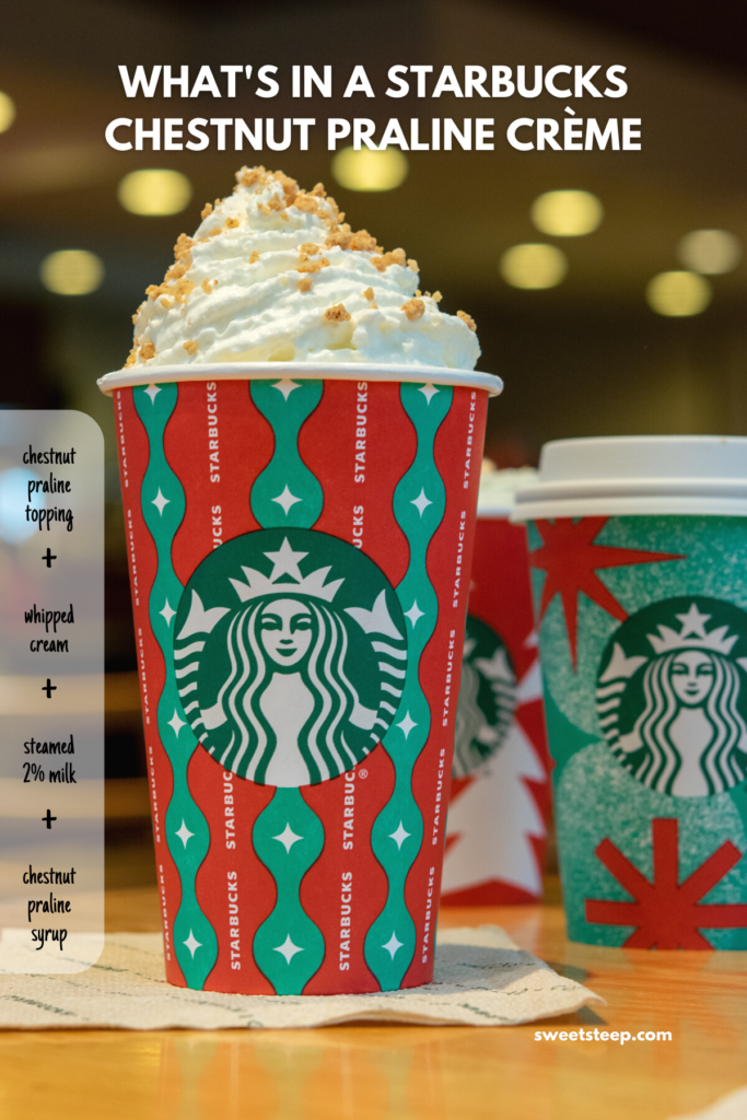 A Starbucks chestnut praline creme steamer on a table next to other holiday drinks with all the ingredients listed.