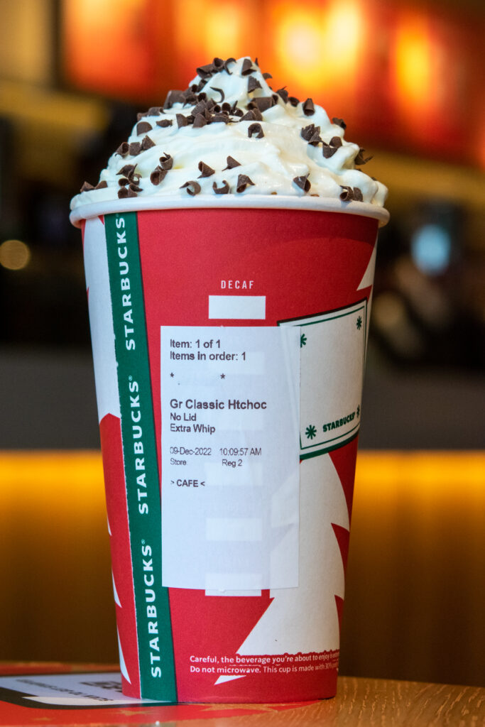 A cup of Starbucks hot chocolate with the order label showing.
