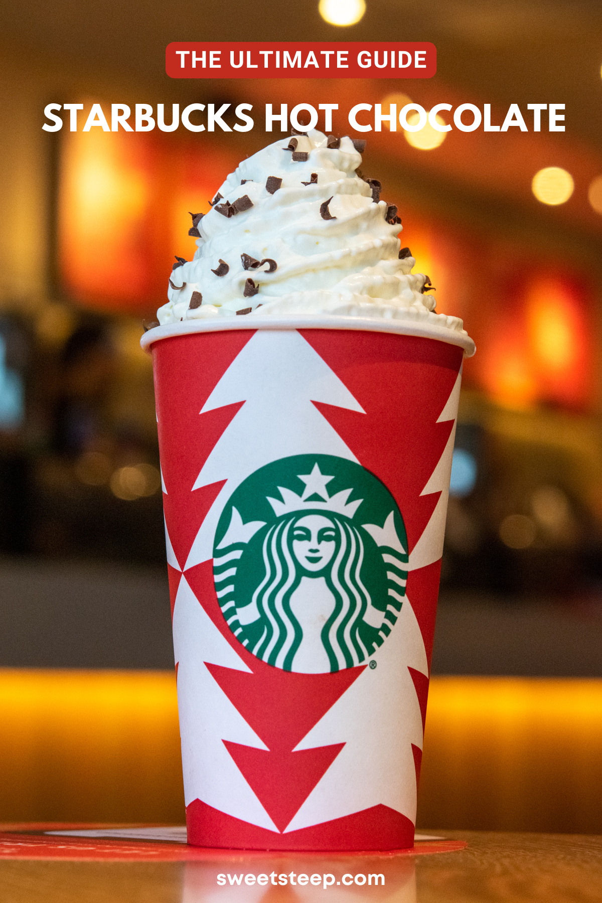 Starbucks hot chocolate in holiday cup.