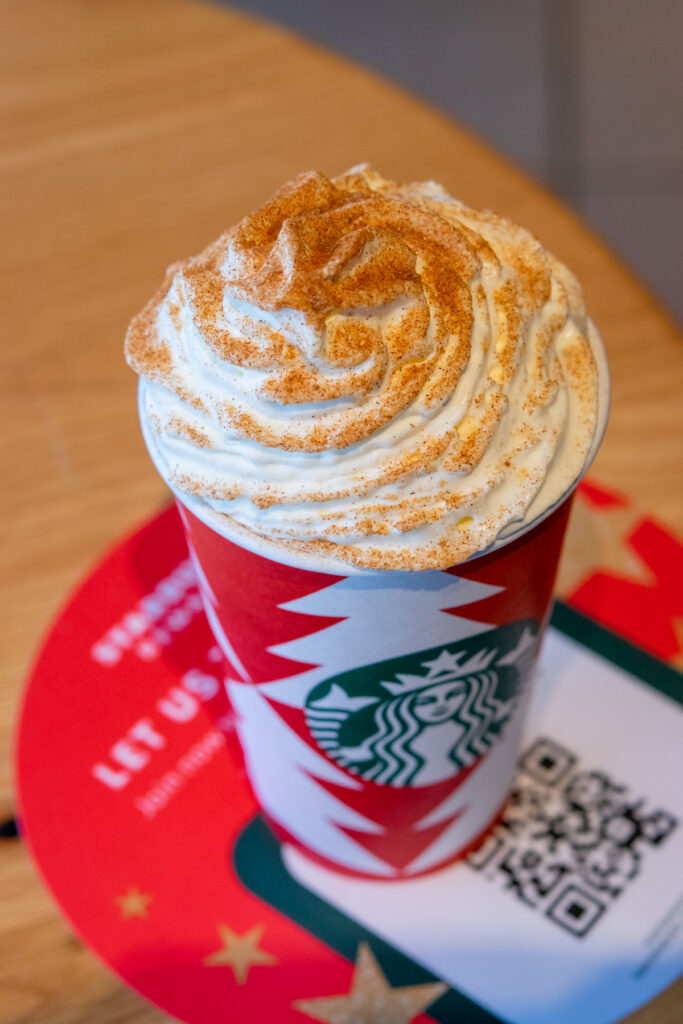 Starbucks Snickerdoodle Hot Chocolate in a red holiday cup.