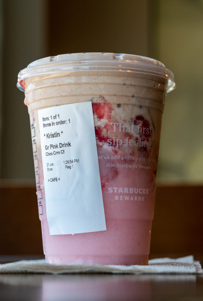 Starbucks chocolate covered strawberry drink with order sticker showing.