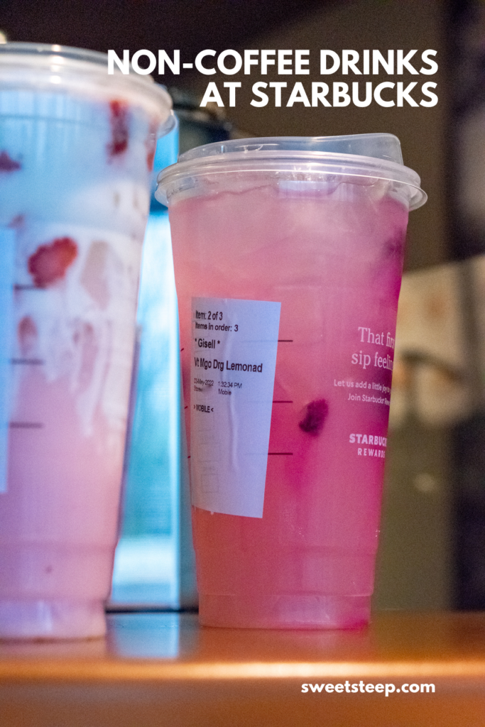 A Starbucks Dragonfruit Lemonade and Pink Drink with a text overlay saying non-coffee drinks at Starbucks.