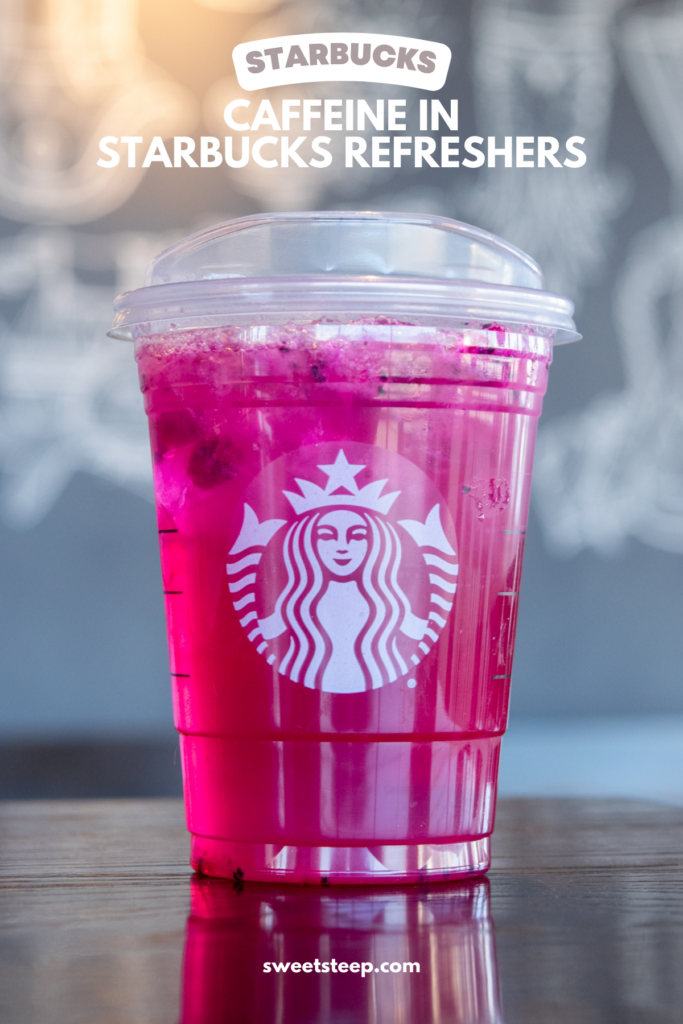 A Starbucks Refresher with the words, caffeine in Starbucks Refreshers.