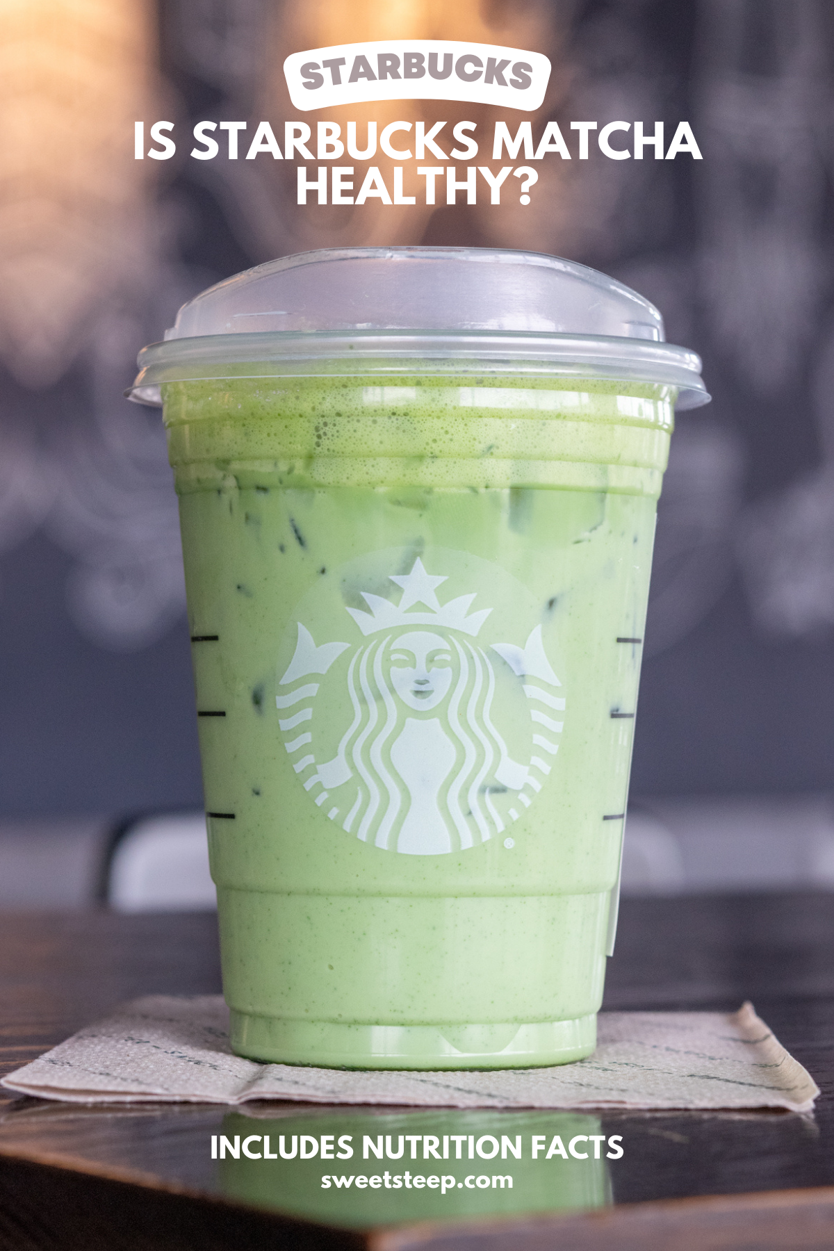 Starbucks Iced Matcha Latte with the words, is Starbucks matcha healthy.