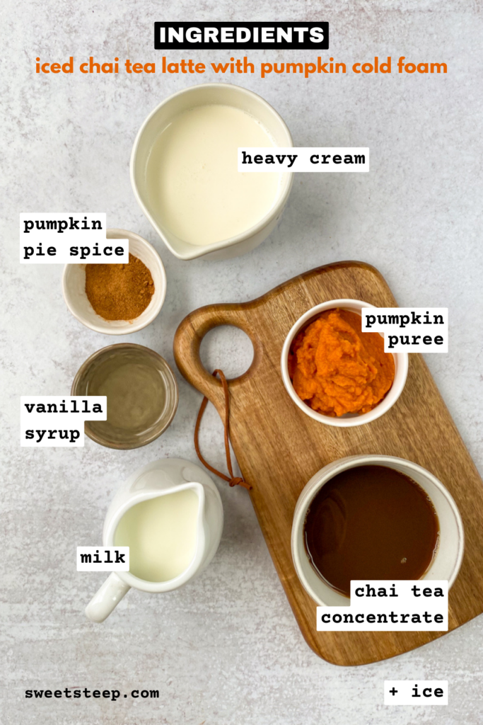 All the ingredients needed to make a homemade iced chai tea latte with pumpkin cold foam.