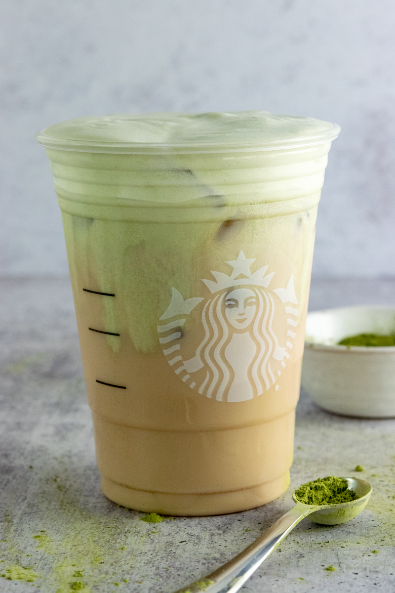 Homemade Starbucks Chai Latte with matcha cream cold foam.