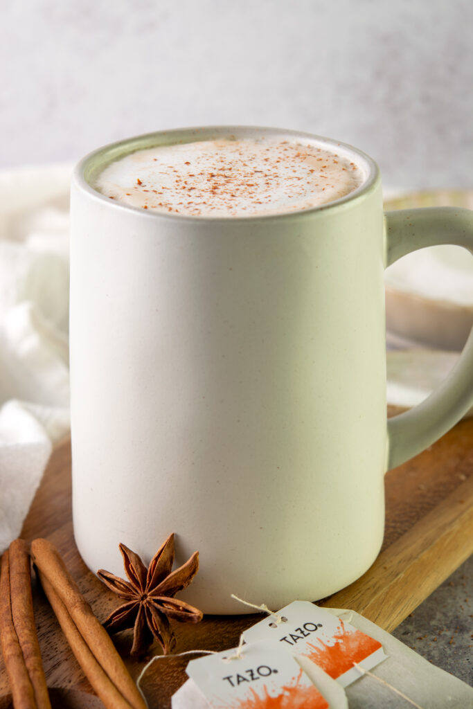 Homemade chai latte made with tea bags.