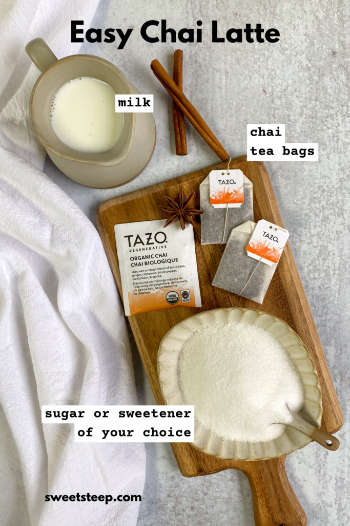 Ingredients to make a homemade chai tea latte with tea bags.