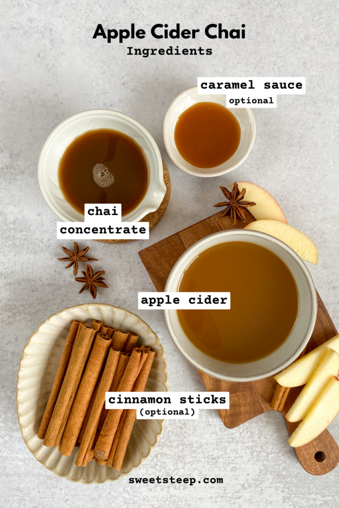 All the ingredients needed to make the chaider drink: apple cider, chai tea concentrate, caramel sauce and cinnamon sticks.
