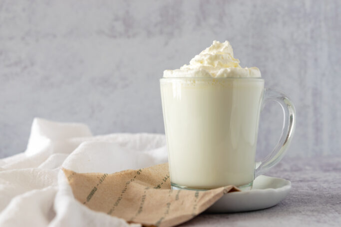 A copycat Starbucks vanilla steamer, hot milk drink sitting on a Starbucks napkin.