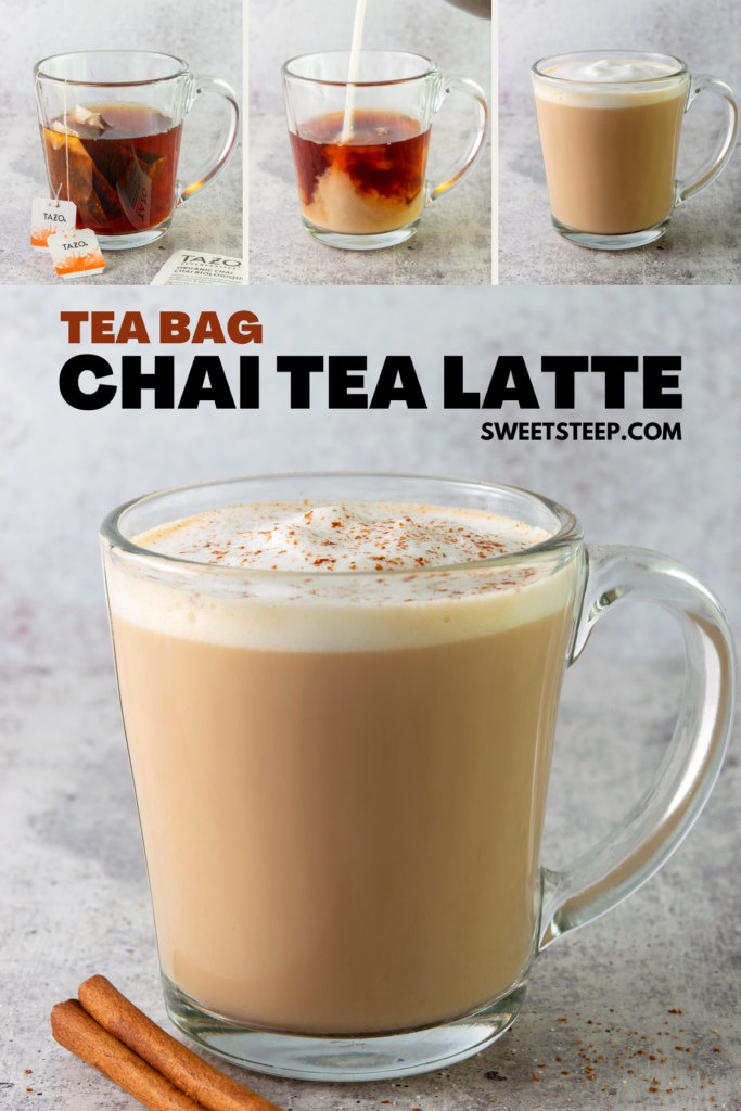 Pinterest pin for an easy recipe for a chai tea latte made with tea bags.