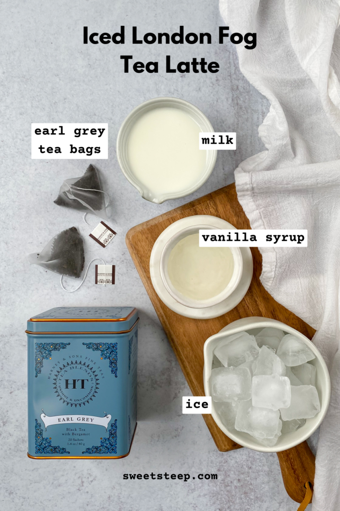 All the ingredients needed to make a homemade iced London Fog latte in small bowls, including milk, vanilla syrup, ice cubes and earl grey tea bags.