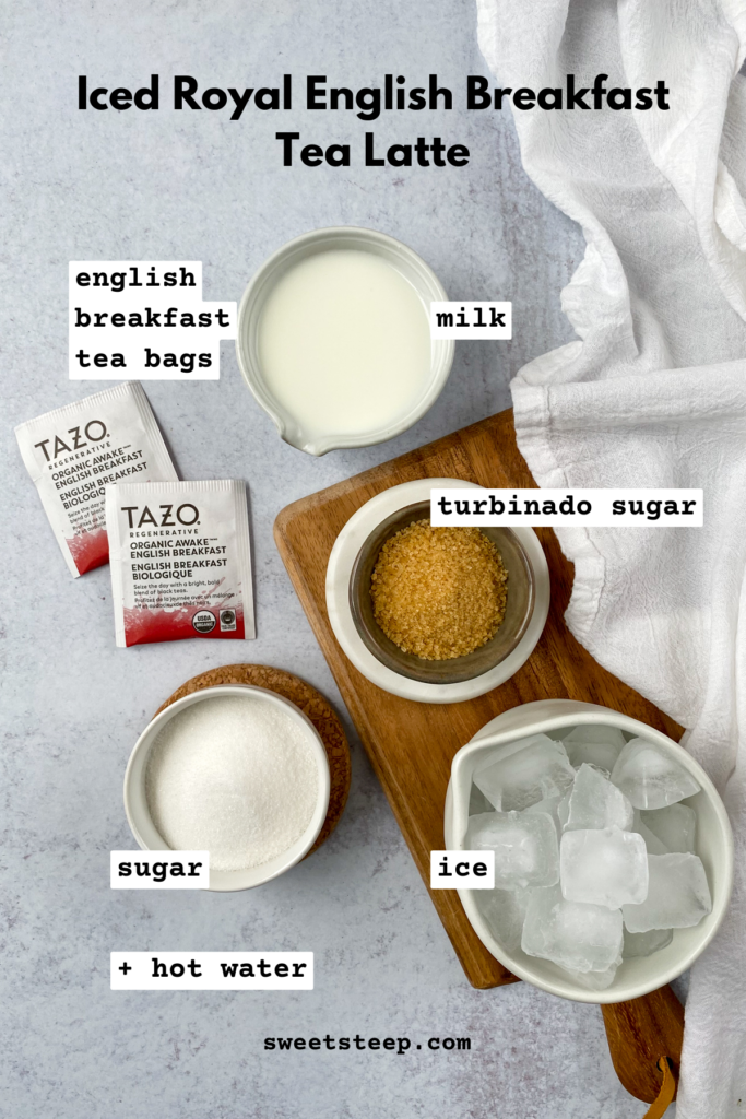 A picture showing all the ingredients needed to make a homemade Iced English Breakfast tea latte the same as Starbucks.