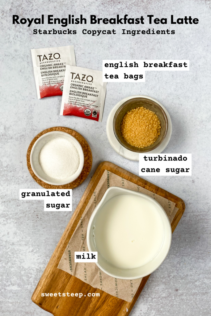 The ingredients for an English Breakfast Tea Latte: two tea bags, bowl of turbinado cane sugar, bowl of granulated sugar, and pitcher of milk.